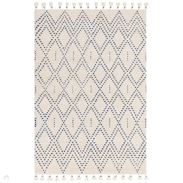 Nepal Diamond Modern Moroccan Berber Geometric Hand-Woven Ribbed Textured Low-Profile Wool Loop Pile Cream/Blue Rug-Asiatic Carpets-Rug Love - The Most Loved Rug Store